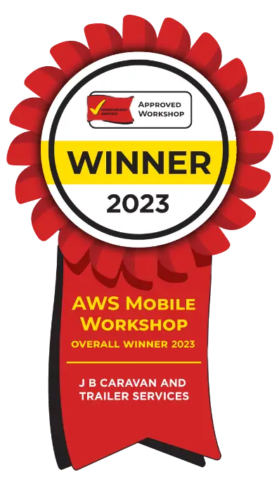 AWS Logo 2023 Winner- a red and white badge with a red ribbon